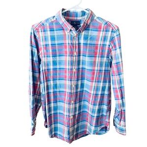 Ralph Lauren boys long sleeve button down plaid shirt L 14-16 blue pink spring